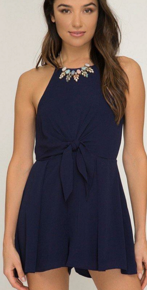 Navy Cami Romper With Front Tie Detail